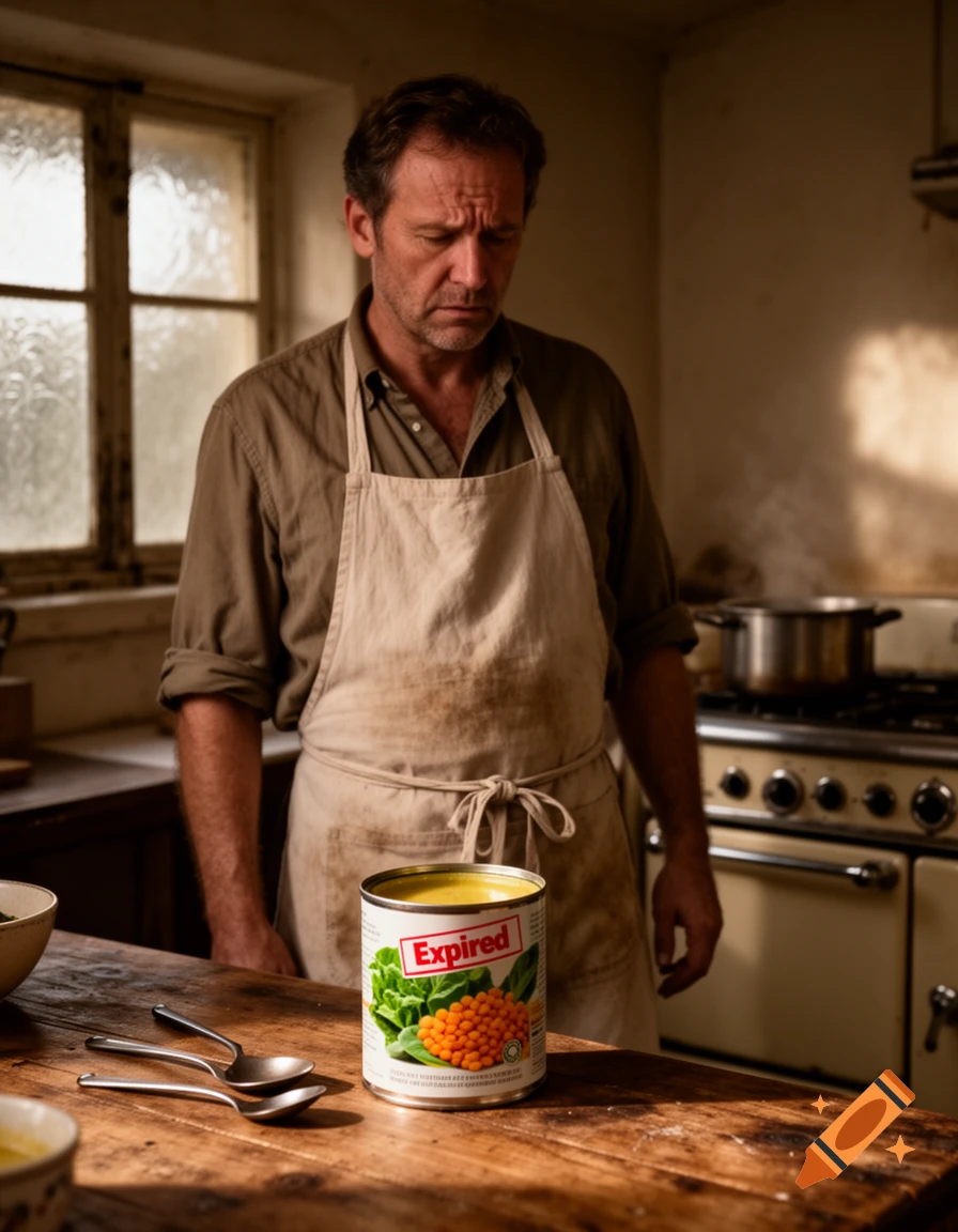 A man in an apron stands in a rustic kitchen, looking down dejectedly at a can labeled "Expired" on a wooden counter.