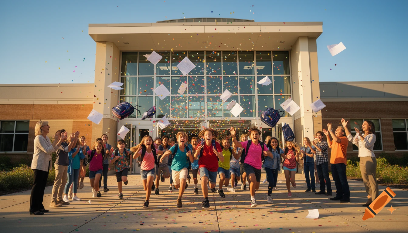Joyful children run out of a school building, cheering and throwing papers and backpacks, surrounded by confetti, while teachers clap.
