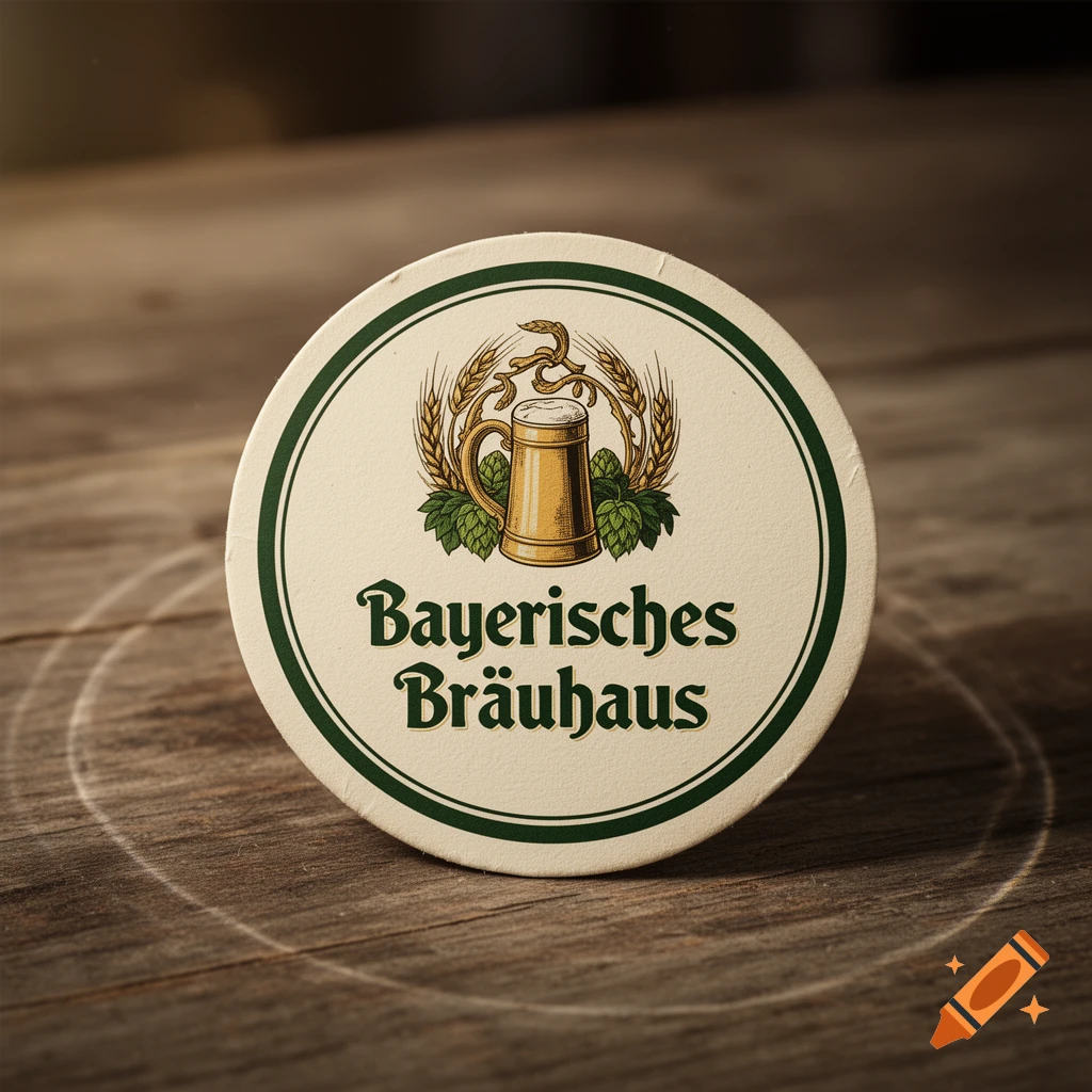 Close-up of a round beer coaster with a green rim on a wooden surface. The coaster features a logo of a beer mug surrounded by wheat and hops, with the text "Bayerisches Bräuhaus" in dark green.