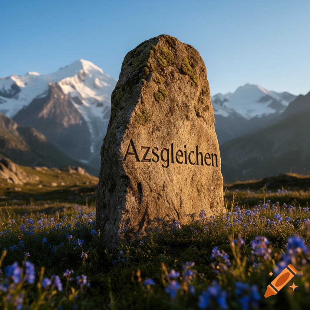 Photorealistic image of a mossy stone monument with "Azsgleichen" carved into it, set in a field of purple flowers against snow-capped mountains under a blue sky.