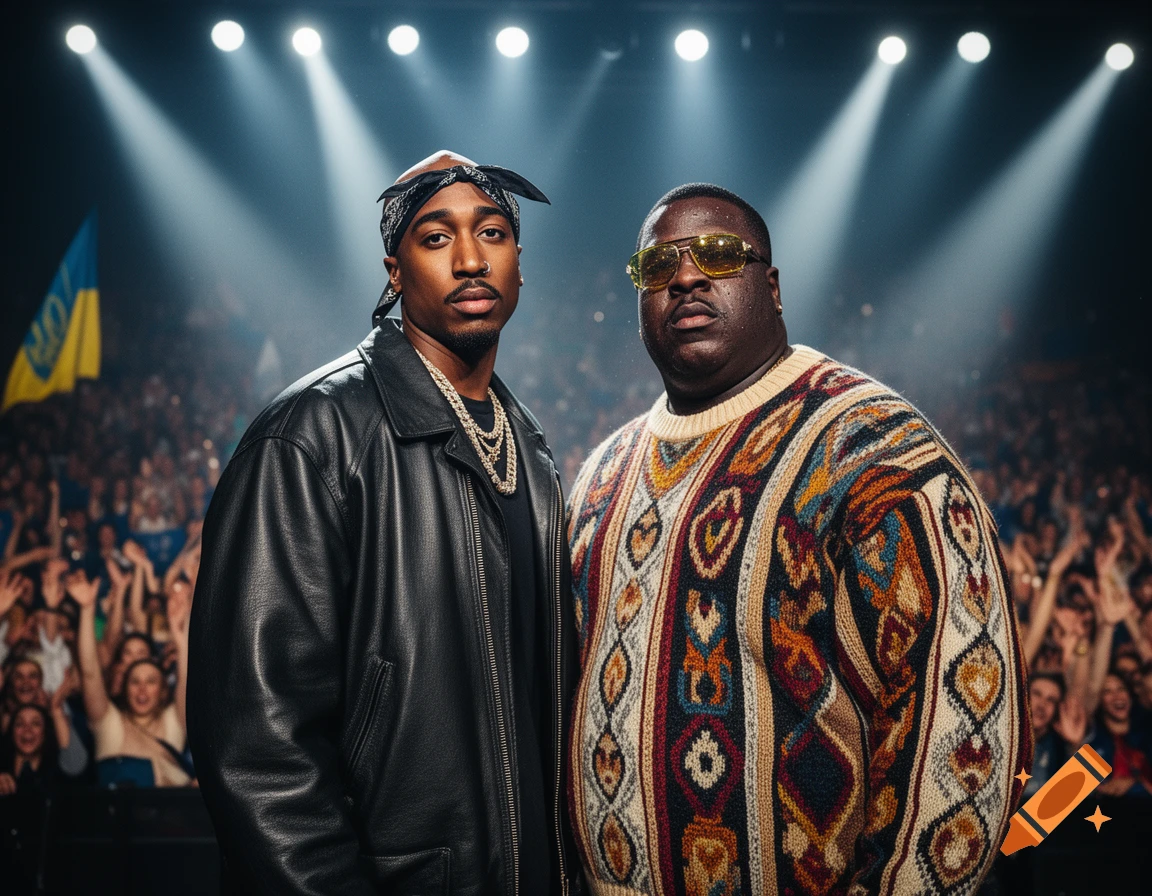 Two men resembling rappers Tupac and Notorious B.I.G. on stage under spotlights with a crowd and Ukrainian flag.