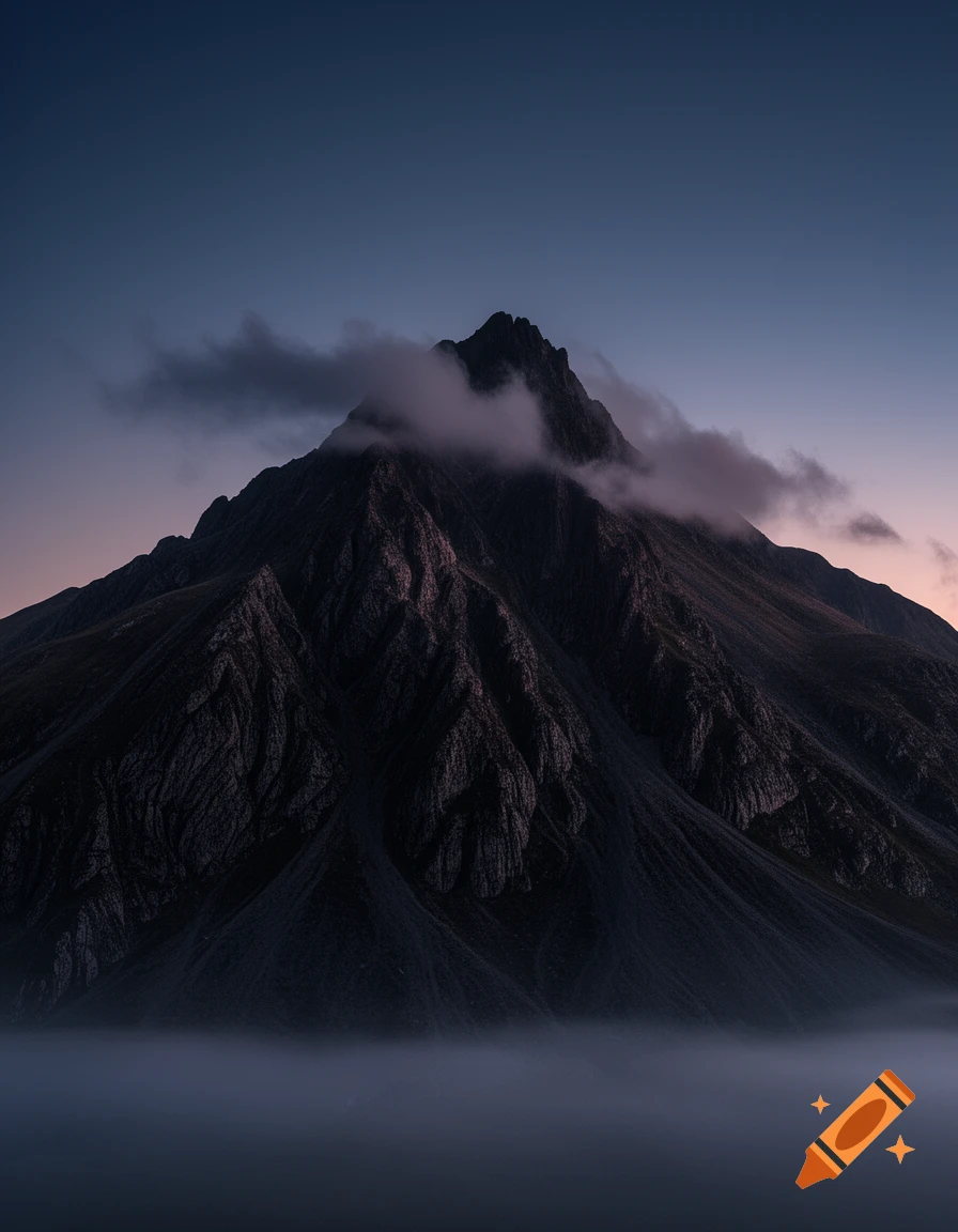 A dramatic, dark mountain peak shrouded in a layer of clouds, with a clear evening sky above and fog at its base.