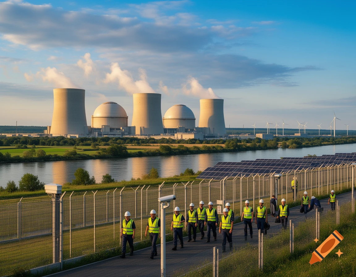 Workers in safety vests walk along a fence next to solar panels, with a nuclear power plant, river, and wind turbines in the sunny background.