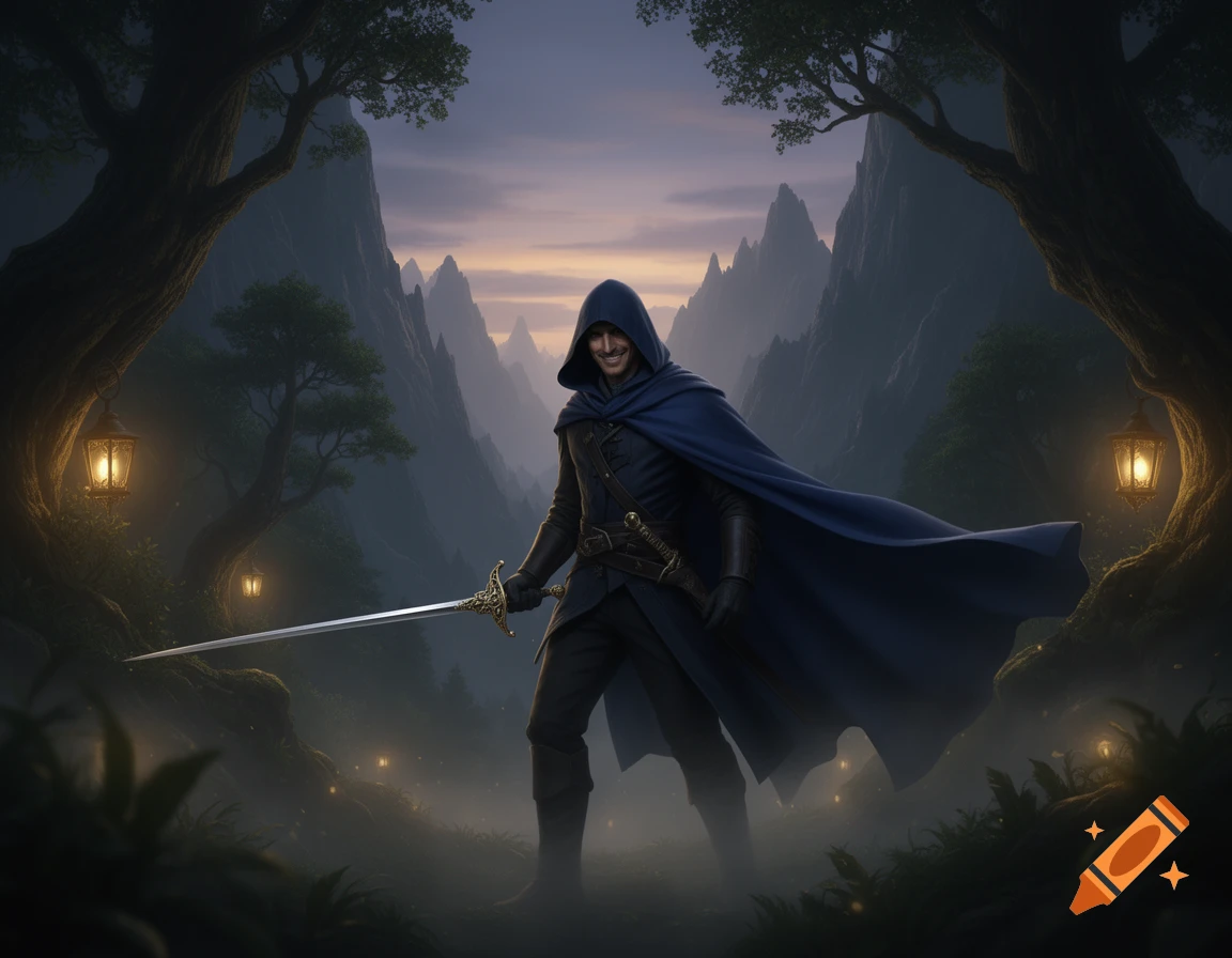 A male thief in a blue hooded cape holds a long sword in a foggy fantasy forest with glowing lanterns and mountains.
