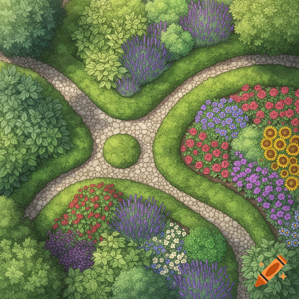 Overhead view of a stylized formal garden with winding stone paths, green hedges, and beds of colorful flowers.