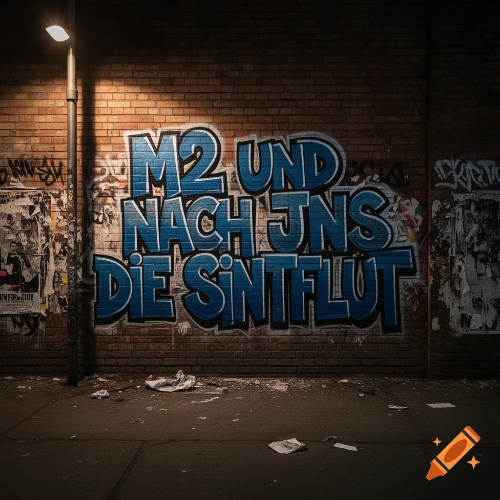 Large blue graffiti saying "M2 UND NACH JNS DIE SINTFLUT" on a brick wall at night, illuminated by a streetlamp.