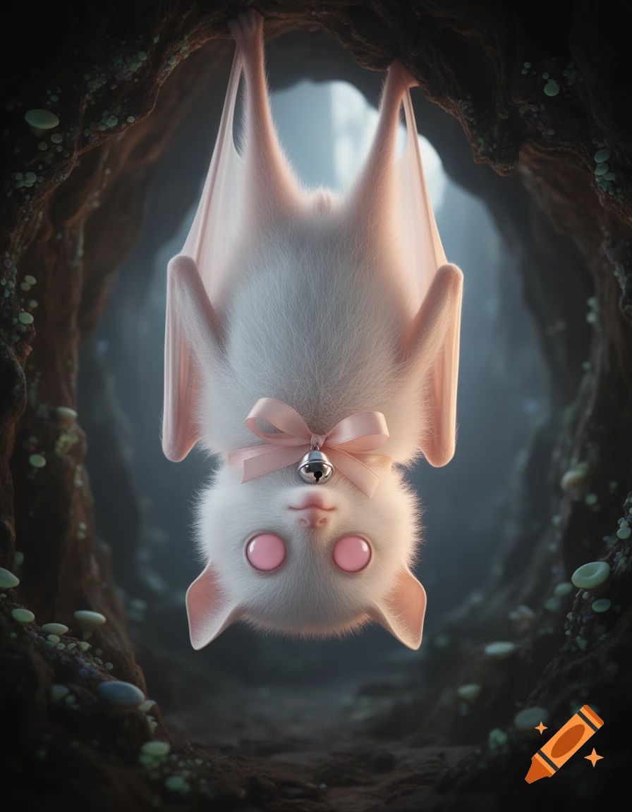 A fluffy white albino bat with big pink eyes, wearing a pink bow and bell, hangs upside down in a dark cave.