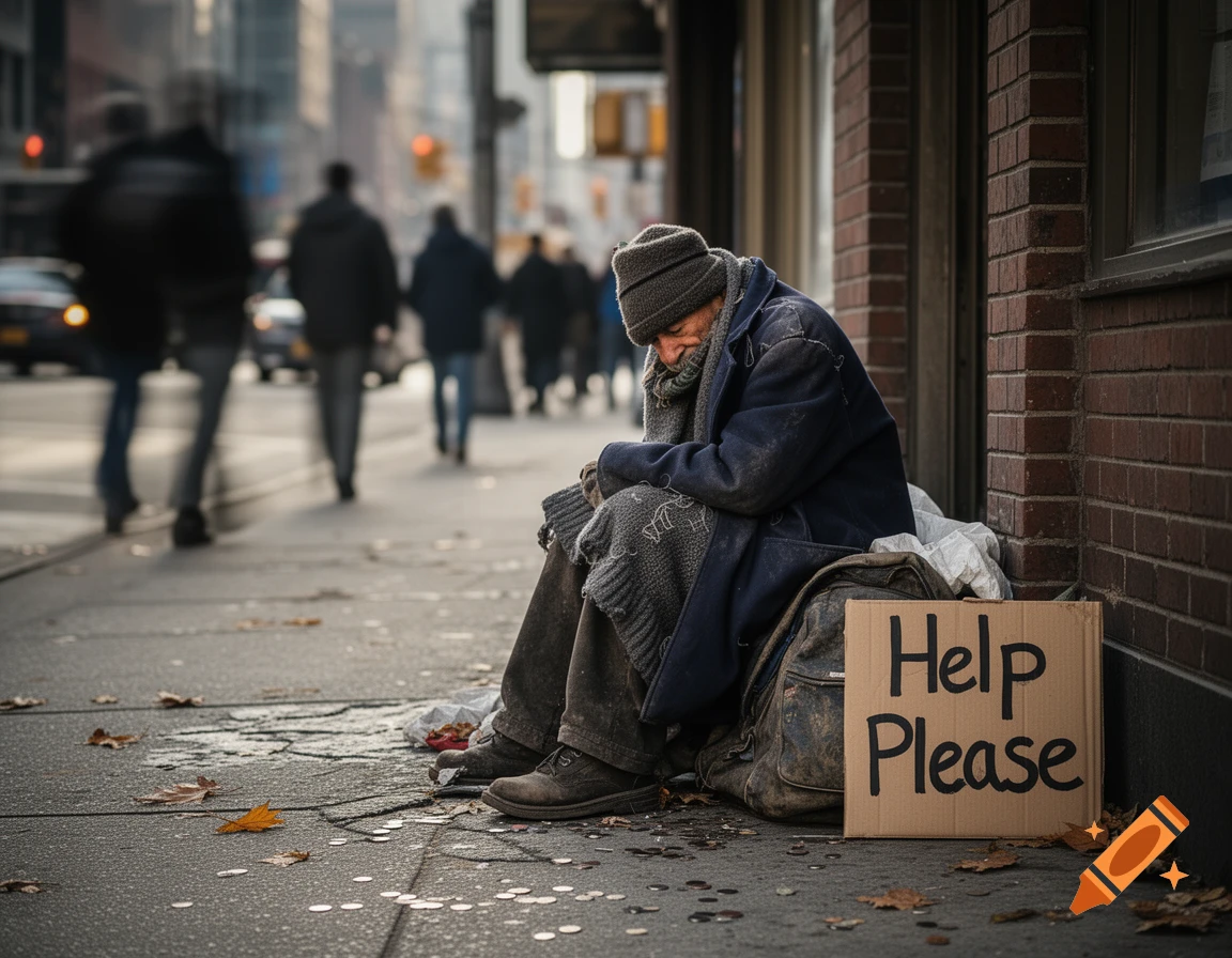 A photorealistic image of a homeless person sitting on a city sidewalk next to a 'Help Please' sign, with scattered coins and blurred pedestrians.