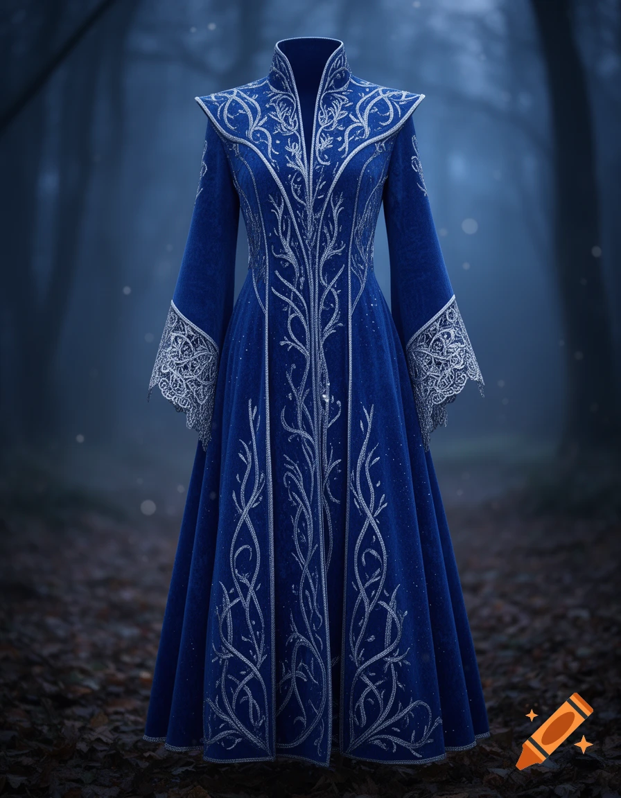 A blue fantasy-style robe with intricate silver embroidered patterns stands in a mystical, dark forest.