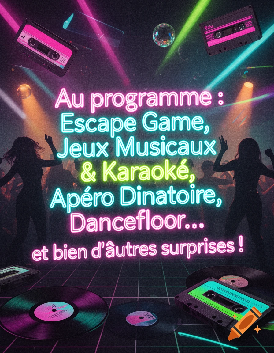 Vibrant 80s retro party poster with neon text, disco balls, cassette tapes, vinyl records, and dancing silhouettes.