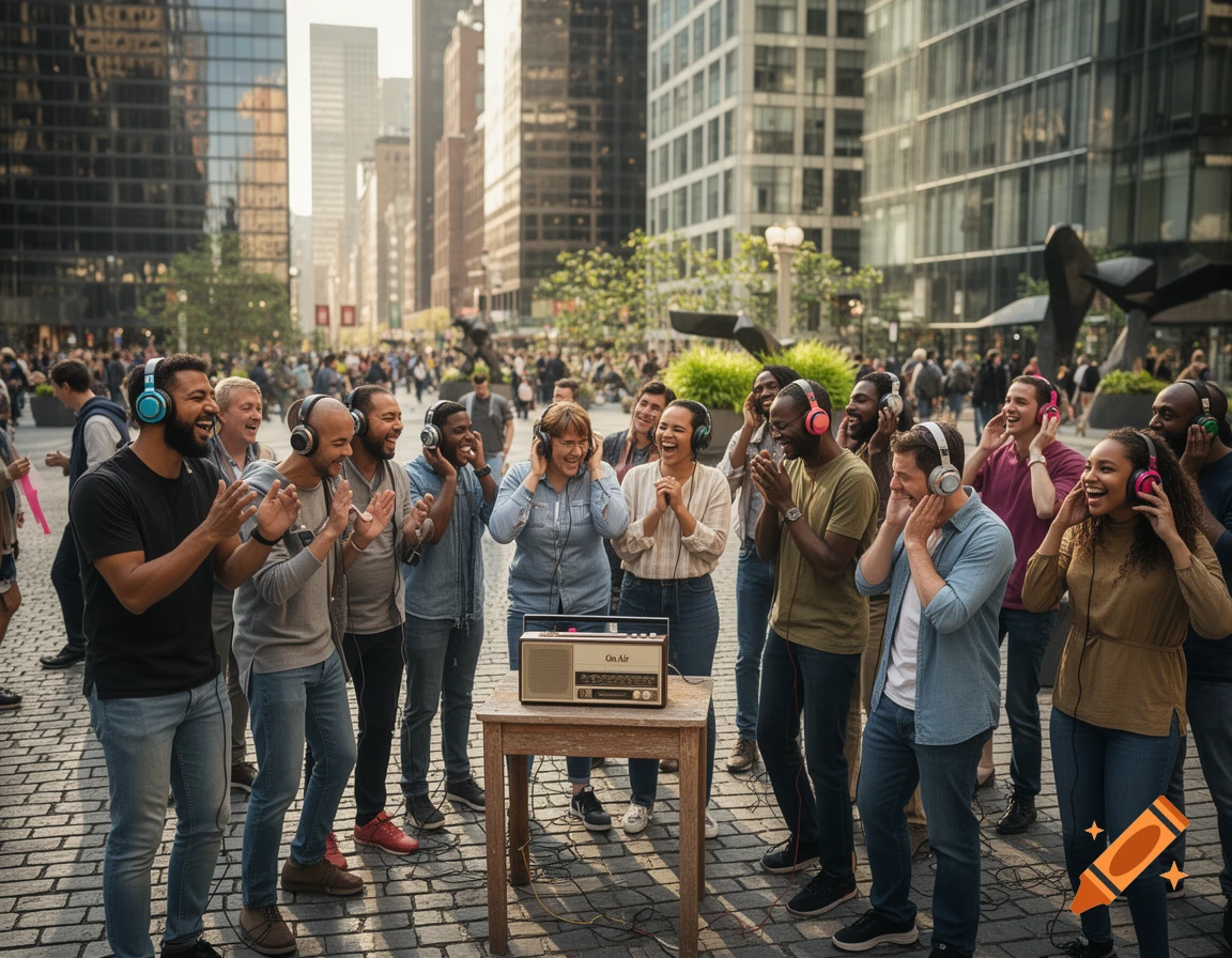 A diverse group of people in a city street laughing and listening to a radio with colorful headphones, photorealistic.