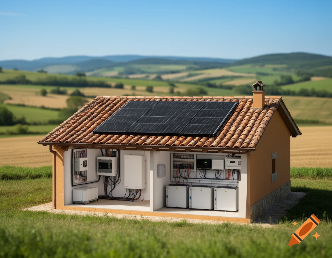 A small house with solar panels on its tiled roof, shown in a cutaway view revealing internal solar energy equipment and batteries, set in a sunny rural landscape.