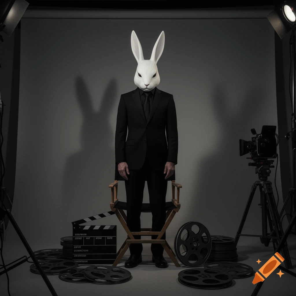 A person in a white bunny mask and a black suit stands in a film studio surrounded by film equipment, including a clapperboard and film reels.