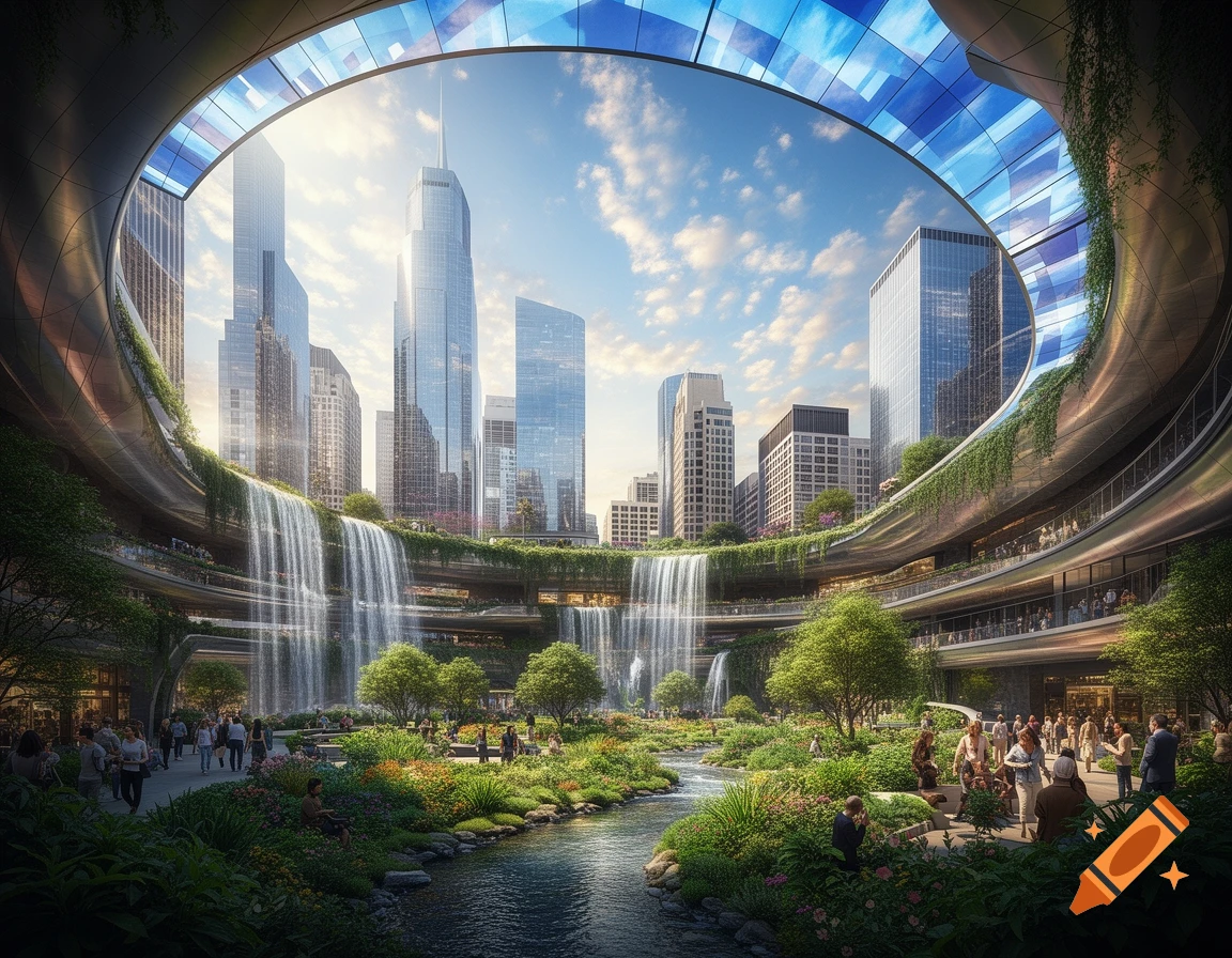 Futuristic city with towering skyscrapers, lush green gardens, and multiple waterfalls beneath a circular skylight, bustling with people.