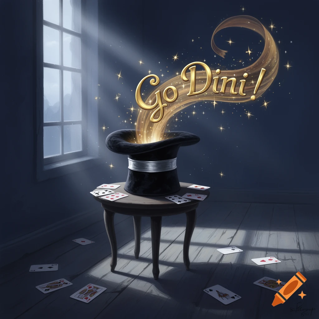 A glowing golden 'Go Dini!' emerges from a magician's top hat on a table, surrounded by scattered playing cards in a dimly lit room.