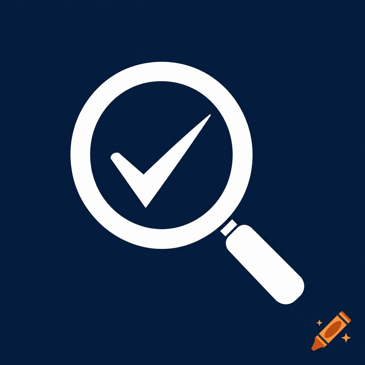 A minimalist white magnifying glass icon with a checkmark inside, on a dark blue background, in a flat design style.