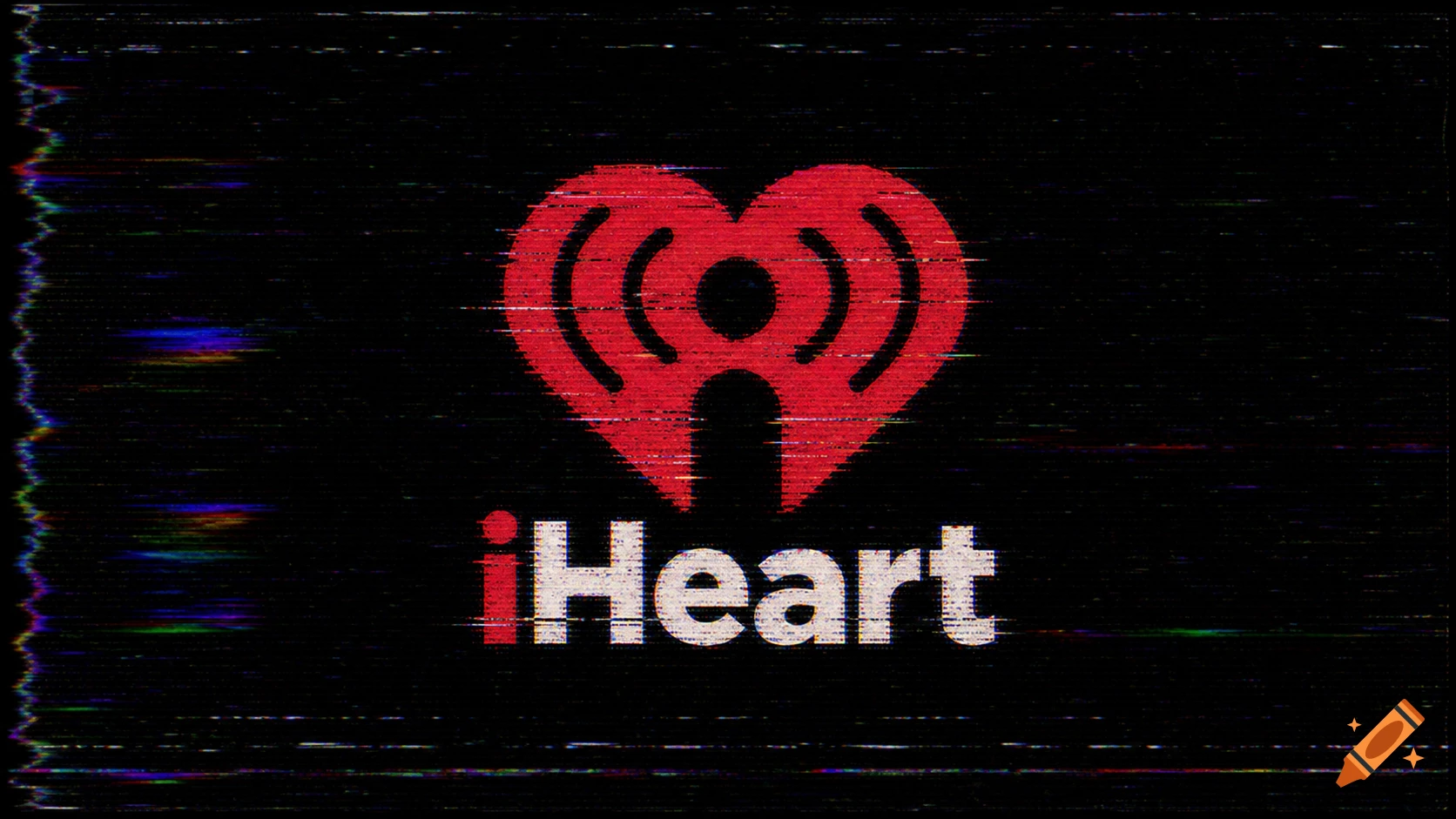 The red iHeart logo with a glitchy, damaged VHS tape effect on a black background.