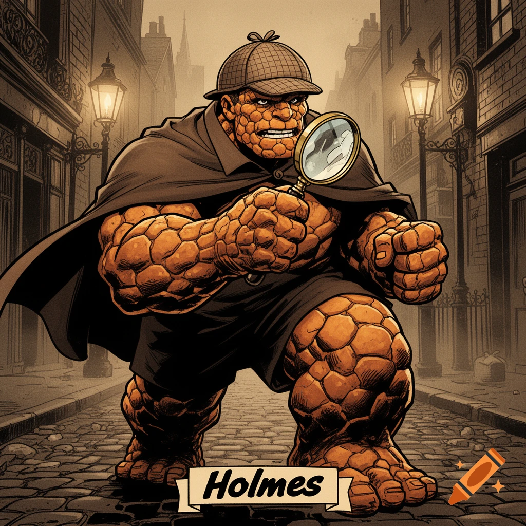 The Thing from Marvel Comics, dressed as Sherlock Holmes with a deerstalker hat and cape, holds a magnifying glass while standing on a cobblestone street at night, in a comic art style. A banner at his feet reads "Holmes".