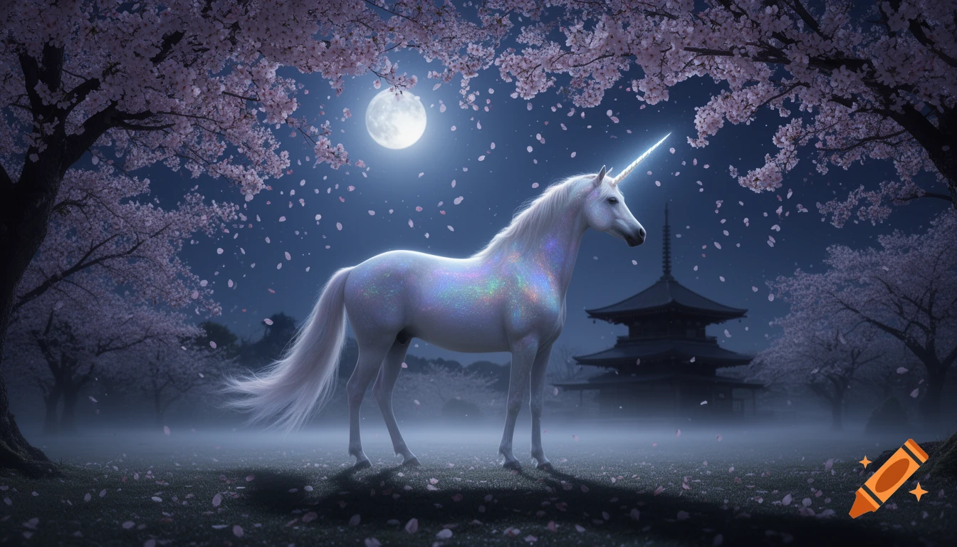 A sparkling white unicorn with a glowing horn stands under cherry blossom trees at night with a full moon and a Japanese pagoda in the background.
