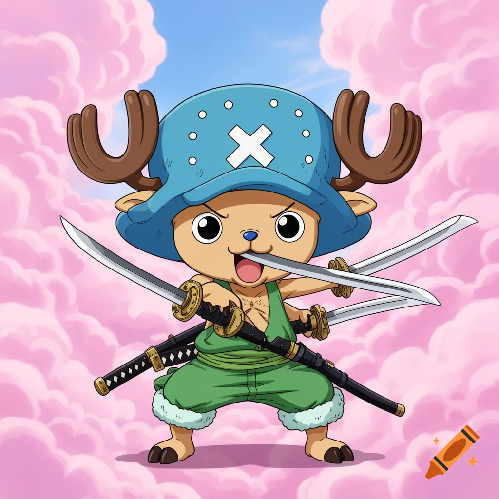 Tony Tony Chopper from One Piece, holding three katanas like Zoro, one in his mouth, in an anime style.