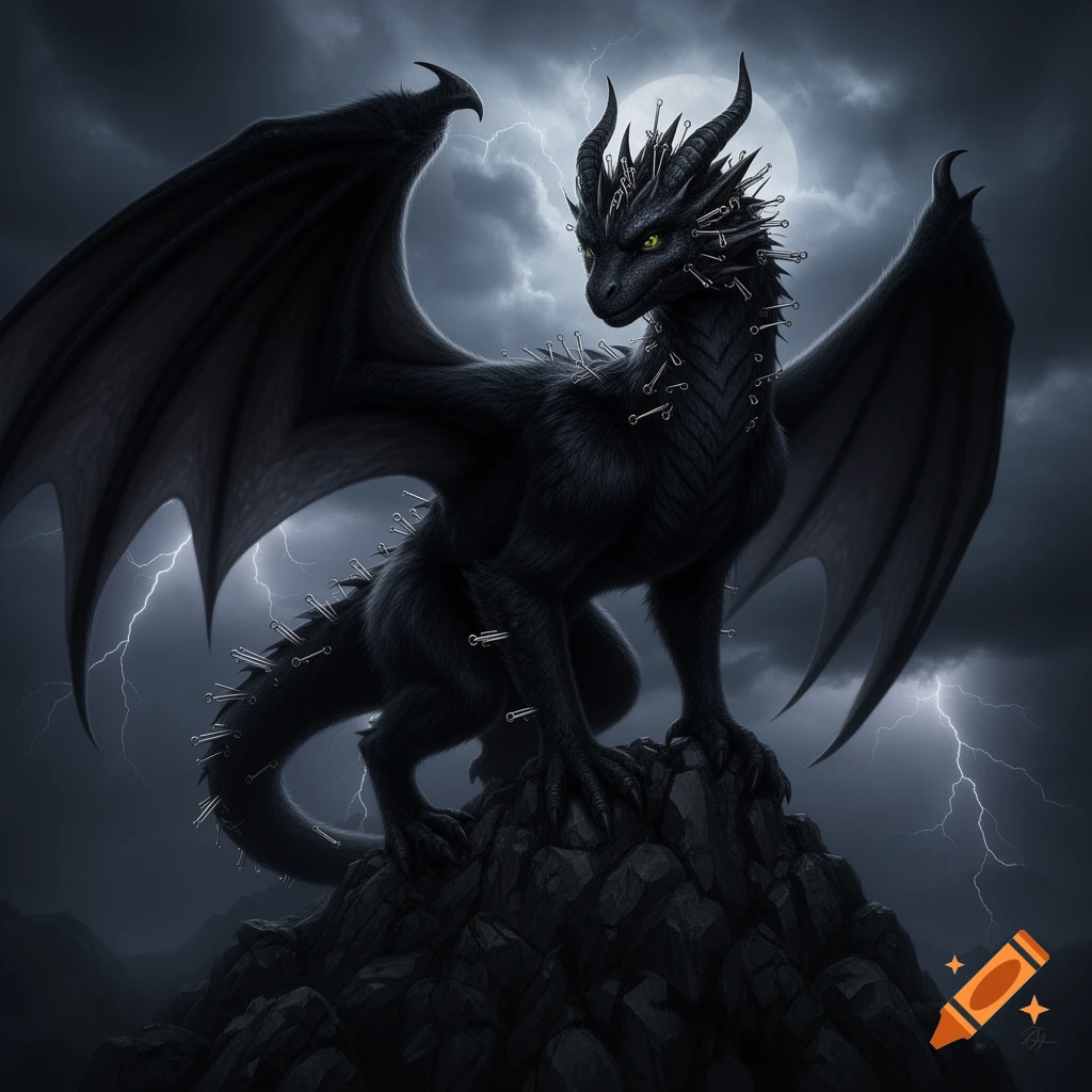 A black furry dragon with metal piercings stands on a rocky peak under a stormy, moonlit sky with lightning.