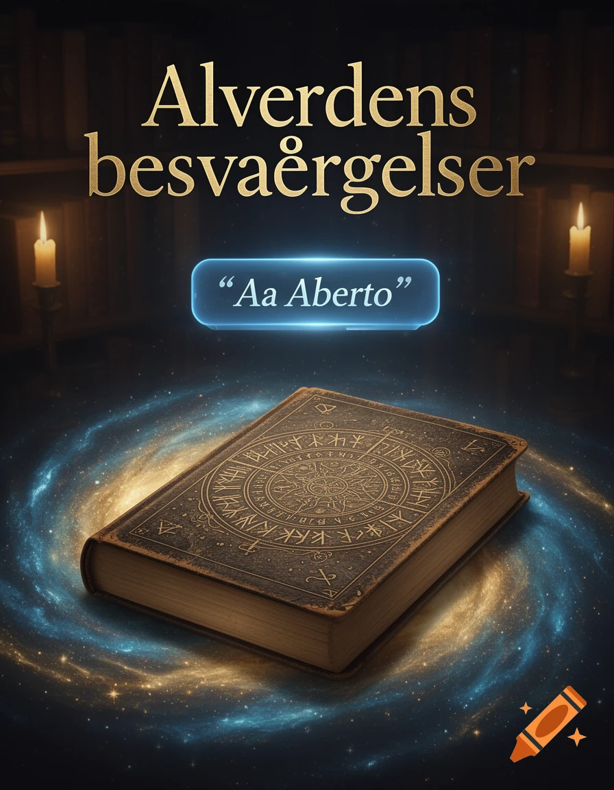 A mystical book titled 'Alverdens besværgelser' with 'Aa Aberto' in a glowing blue bubble, hovering over a swirling galaxy in a dark room with candles.