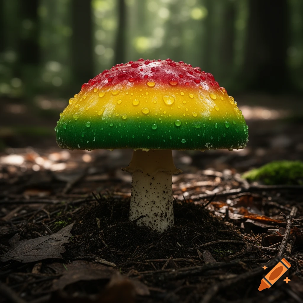 A vibrant mushroom with a red, yellow, and green cap covered in water droplets, growing in dark soil in a forest.
