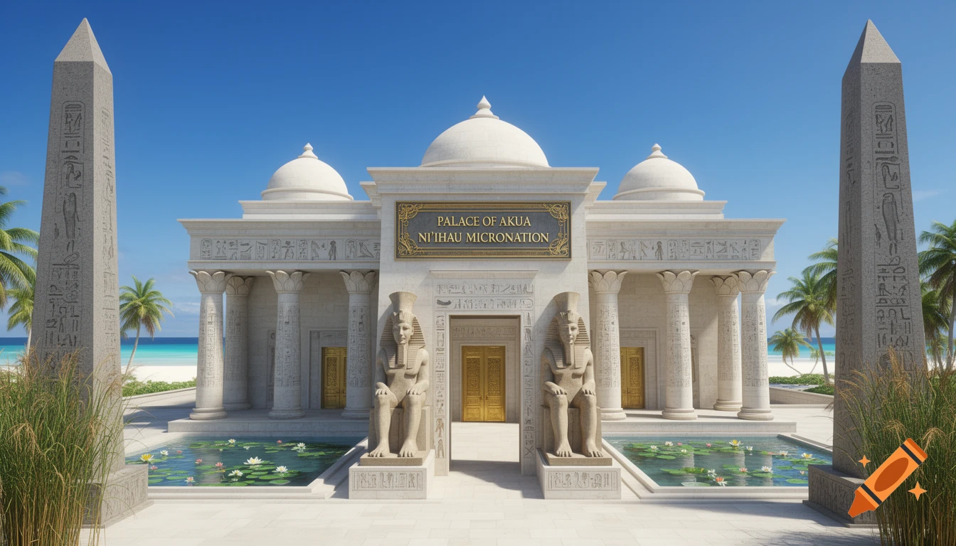 White Egyptian-style palace with obelisks and pharaoh statues on a tropical beach with lotus pools under a clear blue sky.