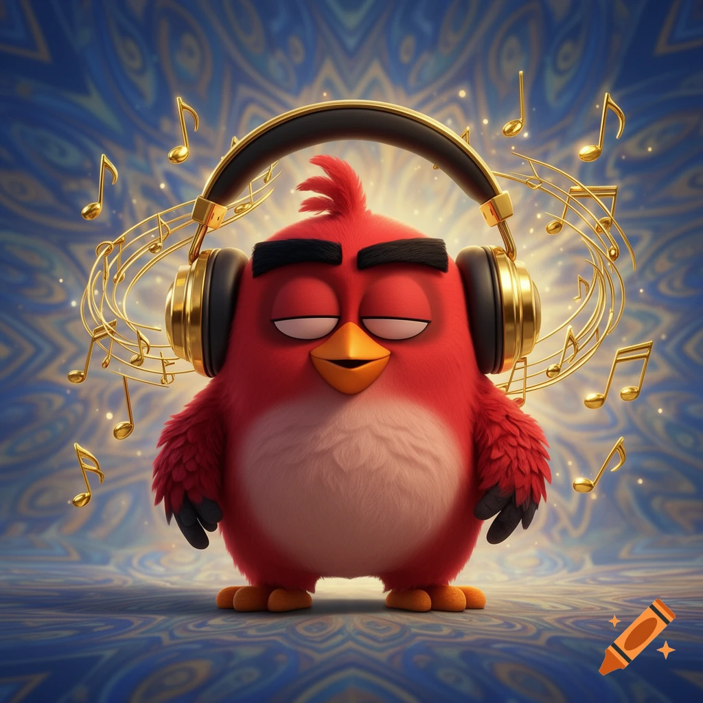 Vibrant digital art of Red from Angry Birds, eyes closed, wearing golden headphones surrounded by golden music notes on a blue patterned background.