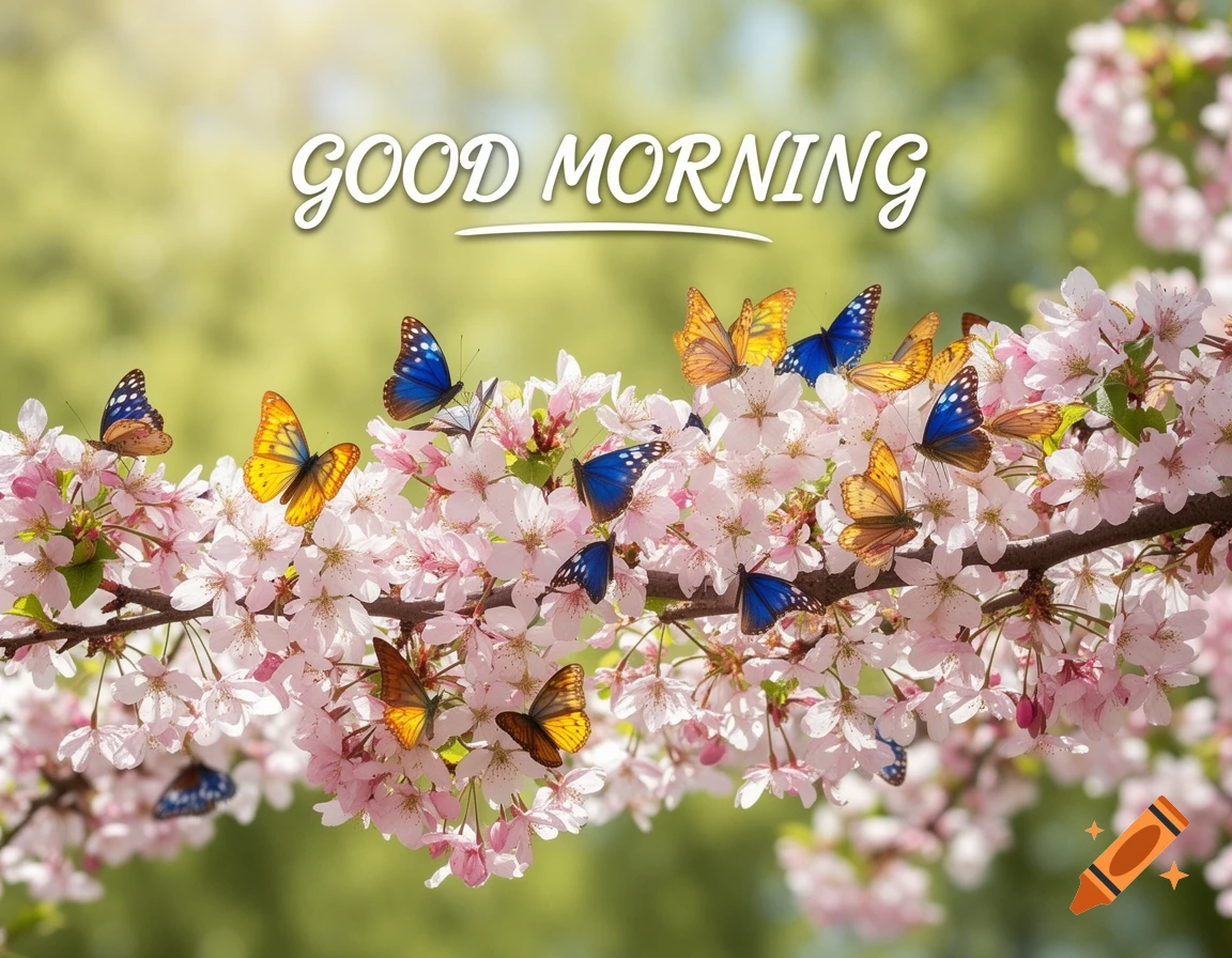 A photorealistic image of a branch of pink blossoms adorned with numerous colorful butterflies, with the text 'GOOD MORNING' above.