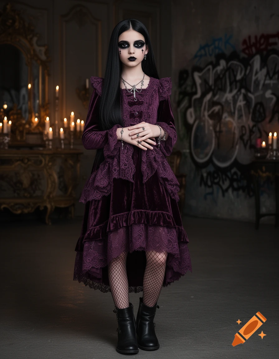 A young girl in a dark purple gothic dress with lace and fishnet stockings poses in a dimly lit, ornate room with graffiti.