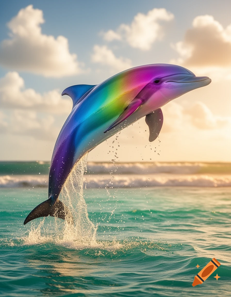 A vibrant rainbow-colored dolphin leaps out of turquoise ocean water under a cloudy sky at sunset.