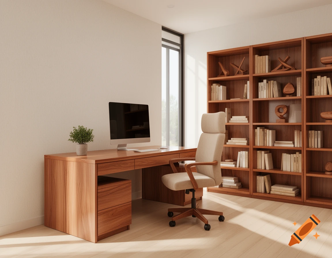 A modern home office featuring a light wood desk, a beige ergonomic chair, and a large wooden bookshelf filled with books and decor.