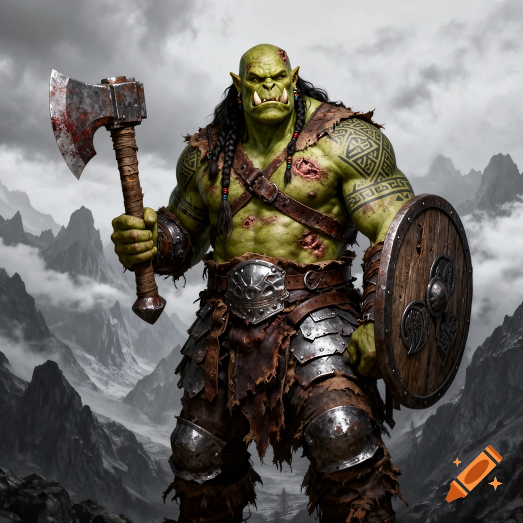 A muscular, green-skinned orc warrior with braided hair holds a bloody axe and a wooden shield in a mountain range.