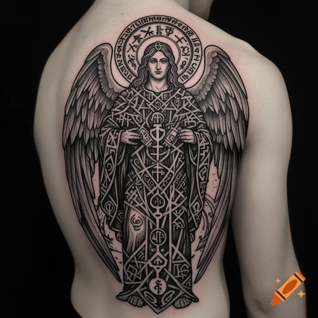 A blackwork tattoo of the archangel Metatron on a person's back, featuring intricate patterns and large wings.