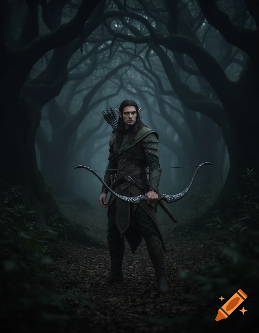 An elf gloomstalker ranger with long dark hair, pointy ears, and glowing green eyes, stands holding a bow in a dark, misty forest with twisted trees.