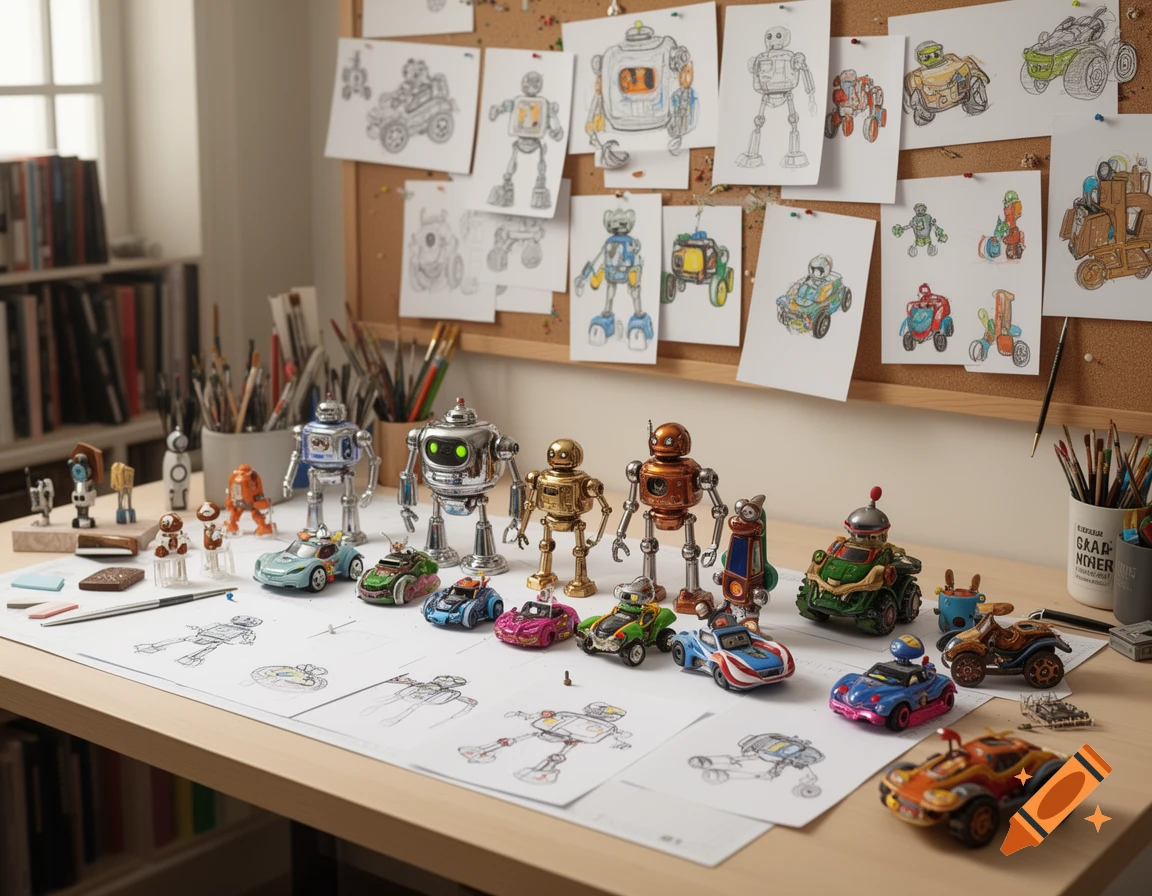 A collection of toy robots and vehicles on a wooden desk, surrounded by concept sketches pinned to a corkboard and art supplies.