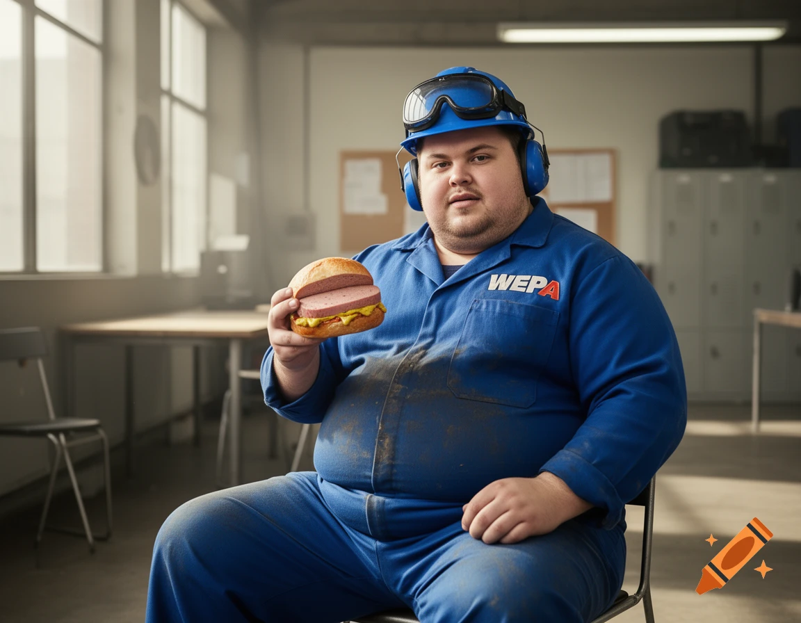 An overweight mechanic in a blue jumpsuit with 'WEPA' logo, helmet, earmuffs, and goggles sits in a breakroom, holding a sandwich with liver cheese and mustard.
