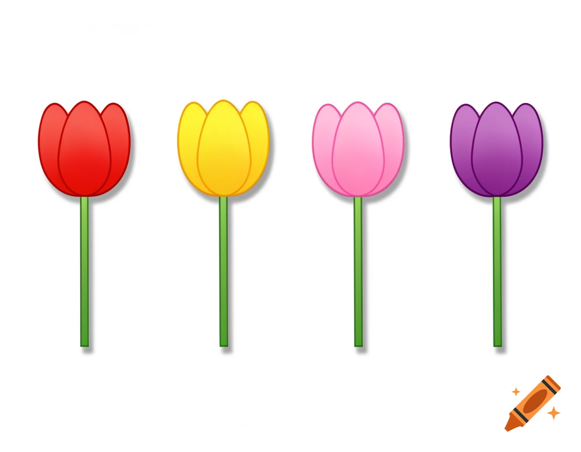 Four simple 2D tulip flowers in red, yellow, pink, and purple, arranged in a row against a white background.