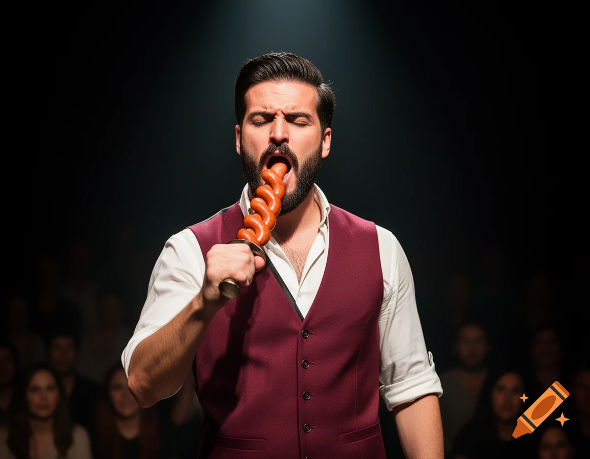 Photorealistic image of a man in a vest swallowing a spiraled sausage on a sword hilt, on a dark stage.