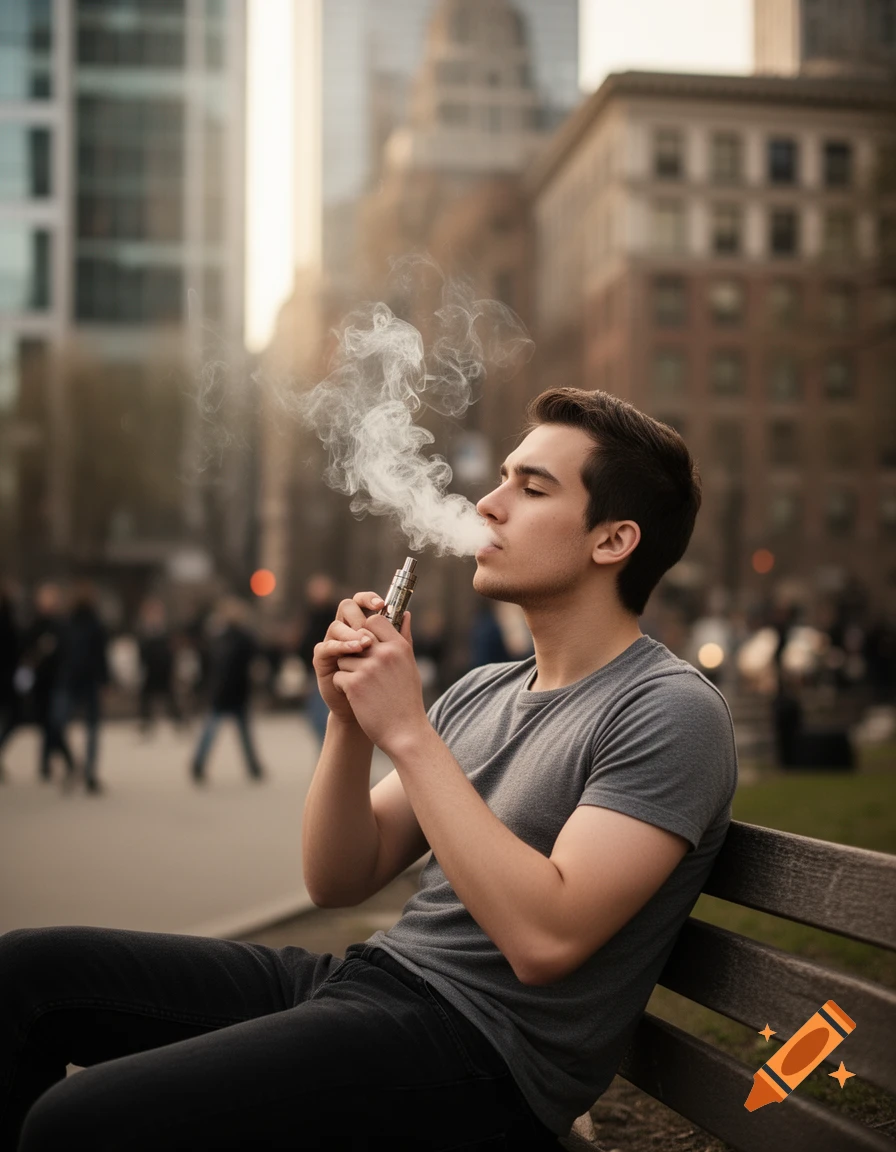A young man exhales a large cloud of vape smoke while sitting on a bench in an urban setting.