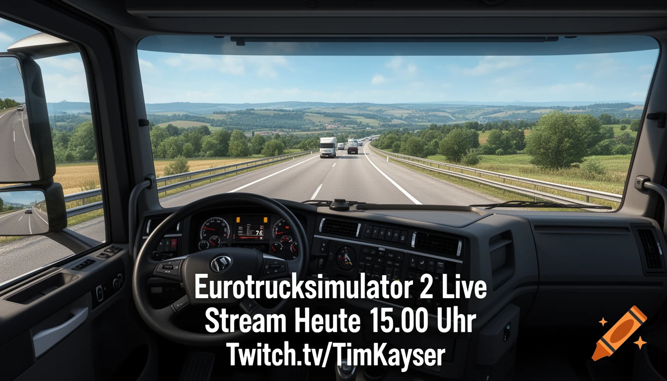 View from a truck cockpit looking down a highway with other trucks, announcing an 'Eurotrucksimulator 2' live stream.