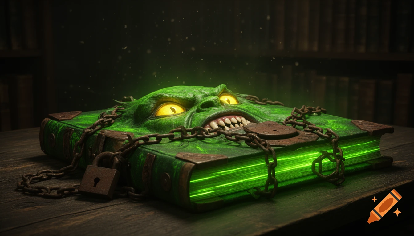 A green, monster-faced book with glowing pages, secured by rusty chains and a padlock, on a dark library table.