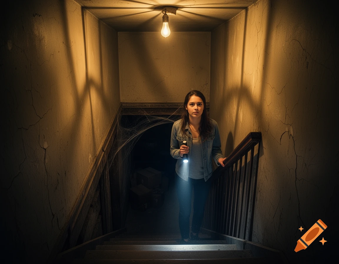 A young woman with a flashlight stands on dimly lit stairs, looking into a dark, cobweb-filled basement entrance.
