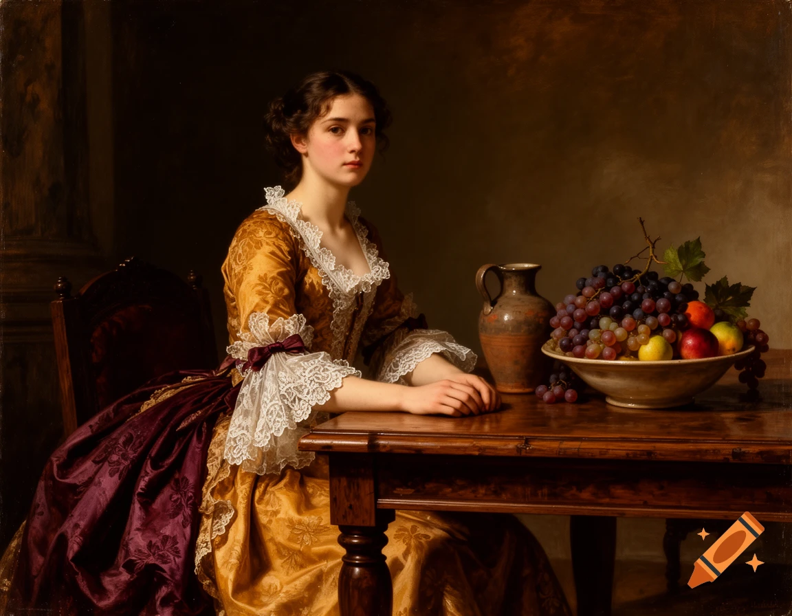 A young woman in a gold dress and white lace sits at a wooden table with a jug and fruit bowl, in a classical painting style.