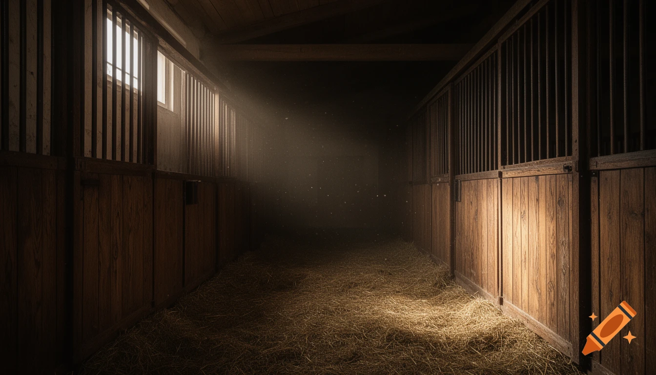 A dark, empty horse stable interior with wooden stalls, sunbeams shining through a window, and hay on the floor, photorealistic.