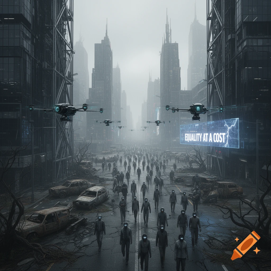Dystopian city street with a marching crowd of identical figures, surveillance drones, and a holographic sign: 'EQUALITY AT A COST'.