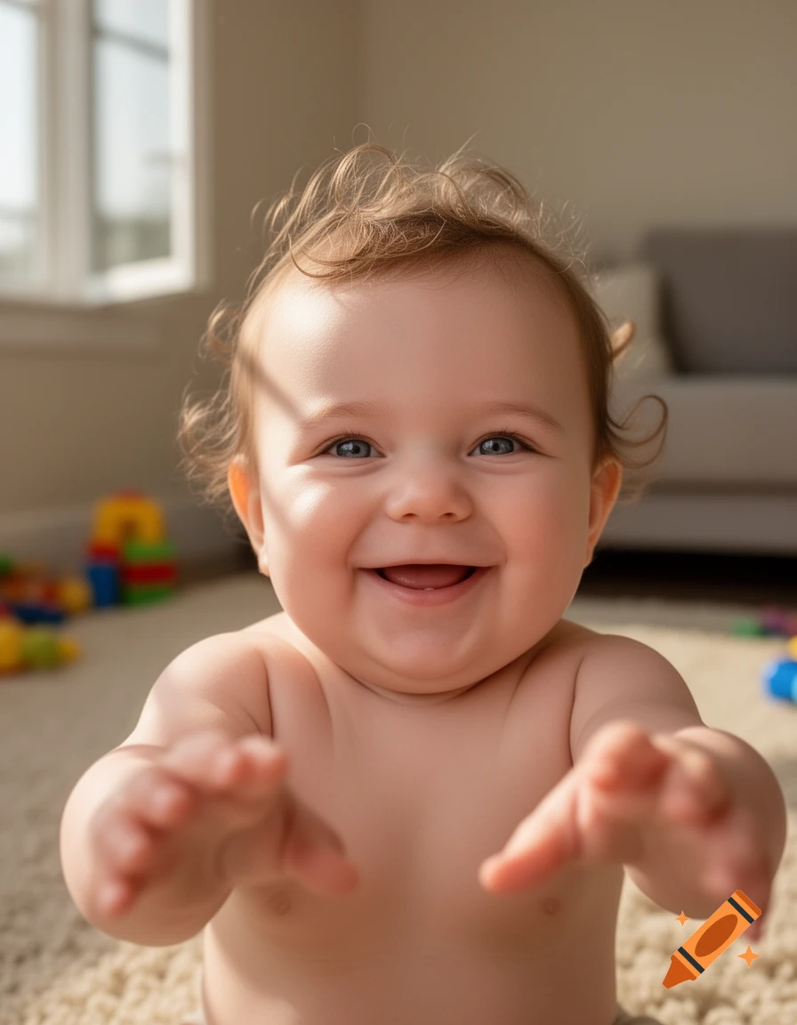A photorealistic close-up of a smiling baby with curly hair, reaching out with hands in soft focus, in a sunlit room.