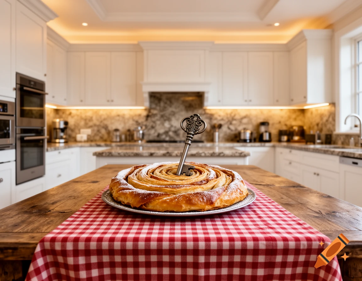 A photorealistic image of a Viennese strudel with an antique key sticking out, on a red checkered tablecloth in a modern kitchen.