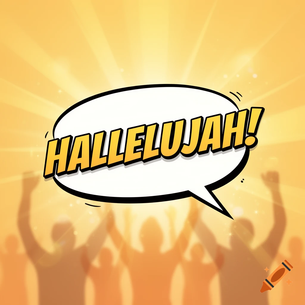 A comic-style speech bubble with 'HALLELUJAH!' in bold yellow text, against a glowing yellow background with blurred silhouettes of people raising hands.